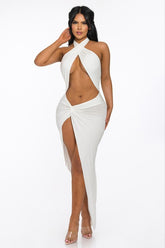 Cross Halter Top & Twist Slit Maxi Dress- Off White