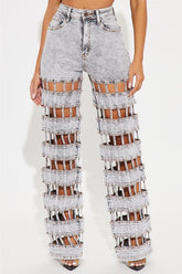 Concrete Cutout Cage Denim Jeans – Gray