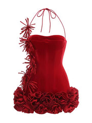 *Pre-Order 10-15 business days then ship* Meet Me At The Party Floral Effect Velvet Mini Dress – Red & Black Options