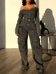 Chic Off-Shoulder Denim Jumpsuit- Black Denim