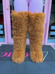 Shaggy Mongolian Fur Thigh High Boots- Brown