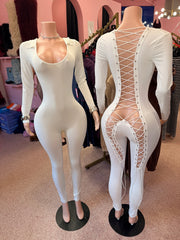 No Looking Back Lace-Up Jumpsuit – White - front and back (featured)