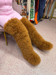 Shaggy Mongolian Fur Thigh High Boots- Brown