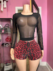 Glamorous Sequin Leopard Print Shorts- Rose Red