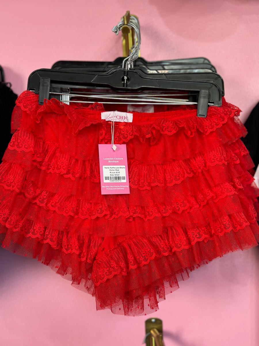 Ruffle Lace Layered Mesh Shorts- Red – Luxechic Couture