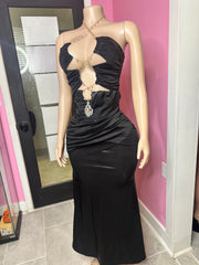 Special Events Maxi Dress with Gold Chain and Rhinestone Pendant- Black