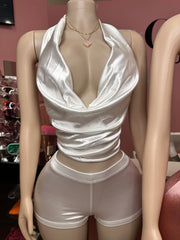 Step It Up Satin Halter Cowl Neck & Short Set- Various Colors
