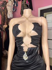 Special Events Maxi Dress with Gold Chain and Rhinestone Pendant- Black