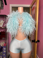 “Pre-Order 10-15 business days custom” So MF Sexy Ostrich Fur Halter Neck & Short Set- Icy Blue