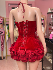 *Pre-Order 10-15 business days then ship* Meet Me At The Party Floral Effect Velvet Mini Dress – Red & Black Options