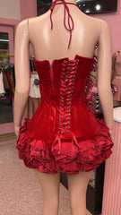 *Pre-Order 10-15 business days then ship* Meet Me At The Party Floral Effect Velvet Mini Dress – Red & Black Options