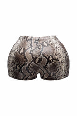 High-Waisted Foiled Snake Print Shorts-Brown