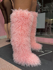 Shaggy Mongolian Fur Thigh High Boots- Pink