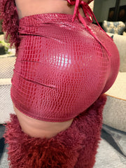 Midnight Croc Print Embossed High-Waist V-Front Shorts- Wine