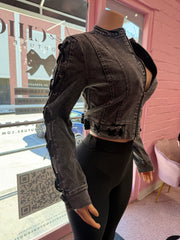 Laced Up Luxe Cropped Jacket- Denim Black