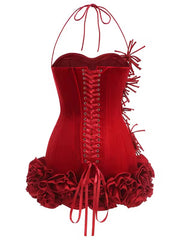 *Pre-Order 10-15 business days then ship* Meet Me At The Party Floral Effect Velvet Mini Dress – Red & Black Options