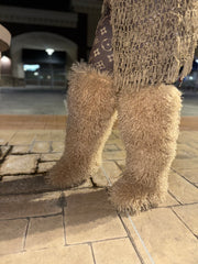 *Pre-Order 10-15 business days then ship* Shaggy Mongolian Fur Thigh High Boots- Tan