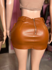 PU Pocket Leather Mini Cargo Skirt- Lt Brown