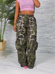 Camo Cargo Wide-Leg Pants with Ribbon