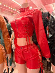 Unapologetically Bad PU Leather Short Set - Red side