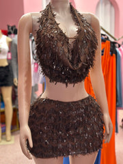 Cocoa Nights Sequin Skirt Set- Brown