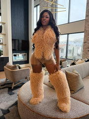 (Pre-Order) Shaggy Mongolian Halter Top,Shorts,Boots Combo- Tan