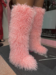 Shaggy Mongolian Fur Thigh High Boots- Pink