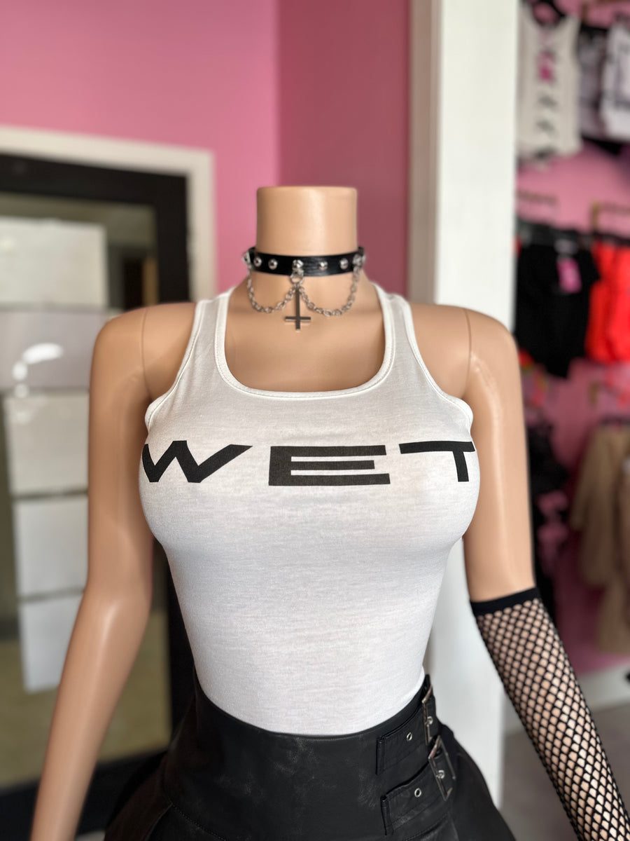 WET プリント ホワイト タンクトップ Wet Tank Graphic Top- White/Black – Luxechic Couture
