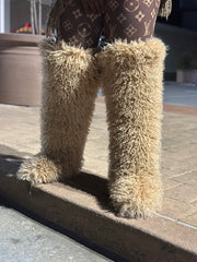 *Pre-Order 10-15 business days then ship* Shaggy Mongolian Fur Thigh High Boots- Tan