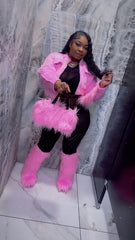 Chic Faux Fur Knee-High Boot & Handbag Set- Pink