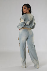 I Don’t Resist Denim Cargo Pant Set- Medium Wash