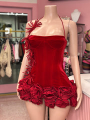 *Pre-Order 10-15 business days then ship* Meet Me At The Party Floral Effect Velvet Mini Dress – Red & Black Options