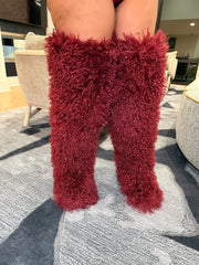 Shaggy Mongolian Fur Thigh High Boots- Wine