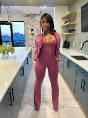 Washed Zip-Up Crop Jacket & Flare Jumpsuit Set- Sangria