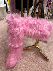 Chic Faux Fur Knee-High Boot & Handbag Set- Pink