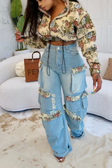 Sunday Affair Floral Jacket & Denim Pant Set