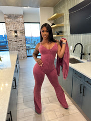 Washed Zip-Up Crop Jacket & Flare Jumpsuit Set- Sangria