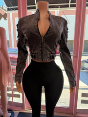Laced Up Luxe Cropped Jacket- Denim Black