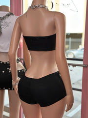 Edgy Black Tube Top & High-Waisted Shorts Set with Metallic Eyelet Grommet Detailing- Black
