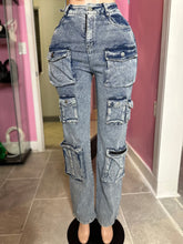 Playing The Field Cargo Denim Acid Wash Pants Only- Medium Blue