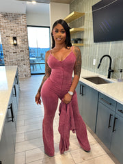 Washed Zip-Up Crop Jacket & Flare Jumpsuit Set- Sangria