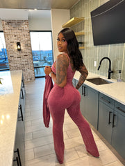 Washed Zip-Up Crop Jacket & Flare Jumpsuit Set- Sangria