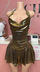 Wish You Would Metallic Halter Dress- Gold