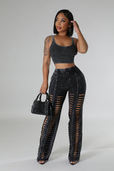 Mineral Wash Cut Out Pant Set- Black