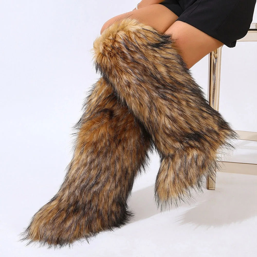 Wynter Fluffy Faux Fur Tall Boots- Brown – Luxechic Couture