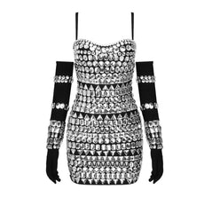 Diamond Bandage Mini Dress W/Matching Gloves- Black