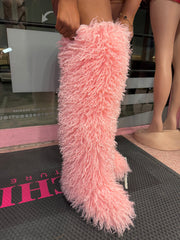 Shaggy Mongolian Fur Thigh High Boots- Pink