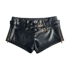 Midnight Rebel Faux Leather Buckle Shorts – Black High-Waist Belted Mini