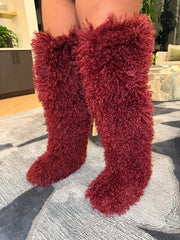 Shaggy Mongolian Fur Thigh High Boots- Wine