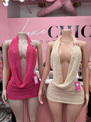 Goddess Glow Knit Halter Mini Dress – Pink & Champagne